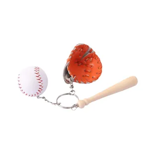 Simulation mini baseball keychain with glove and wooden bat sports accessory