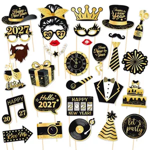 Felice Anno Nuovo Oggetti di Scena per Foto di Capodanno Nero Oro Decorazioni per Feste di Carta Fai da Te Portatili