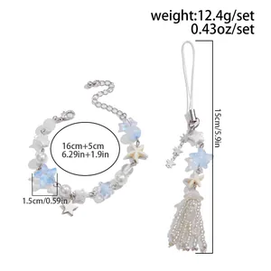 Ocean themed starfish pearl beaded bracelet and tassel charm accessory set for bags.