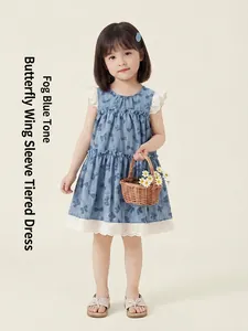 Sweet girls' butterfly print tiered dress with lace trim in misty blue color