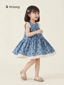 Sweet toddler girl blue bow sleeveless dress with lace trim and tiered ruffle design