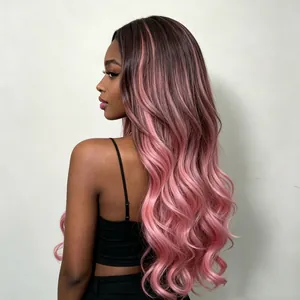 Longue perruque synthétique ondulée rose ombre avec de grandes vagues pour femmes