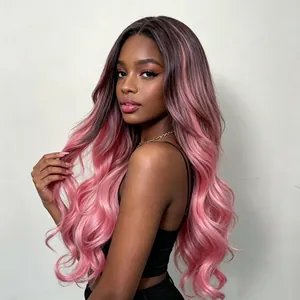 Perruque synthétique longue et ondulée avec dégradé rose et marron pour femme