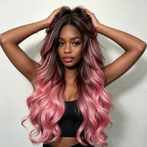 Perruque synthétique longue et bouclée avec dégradé ombré marron et rose pour femme