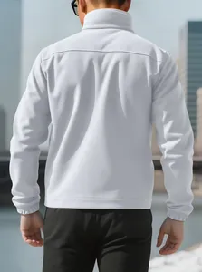 Back view detail of a white men's outdoor polar fleece jacket with stand collar