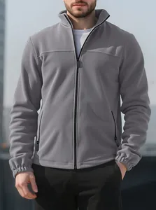 Detailed view of grey polar fleece jacket for men with full-zip stand collar and pockets.