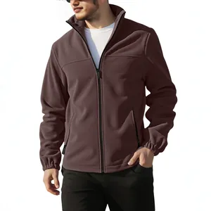 Premium men's outdoor brown fleece jacket featuring stand collar and full zip closure