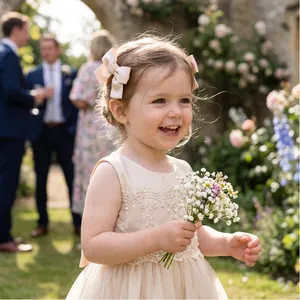 Bambina con fiocco per capelli in seta color champagne a un matrimonio in giardino