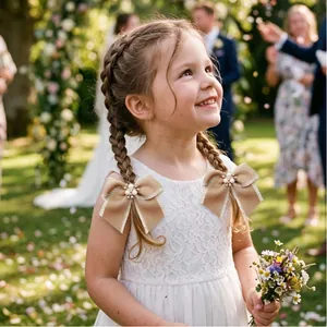 Eleganti fiocchi per capelli in nastro color champagne con perle sulle trecce di una bimba.