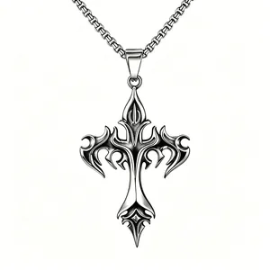 Vintage gothic flame cross pendant necklace made of high-quality titanium steel
