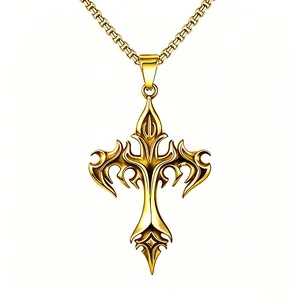 Elegant hip-hop gold flame cross necklace crafted in durable titanium steel jewelry