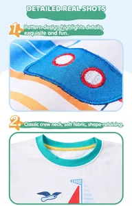 Vue macro détaillée de la broderie cartoon et du col rond sur le T-shirt en coton garçon