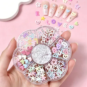 7-compartment nail art decoration kit with pearls hearts and stars in flower box