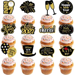 Décorations de Gâteaux Bonne Année 2027 Noir Or Pailleté Cupcake Picks Pour Fête du Nouvel An 2027 Décorations de Desserts