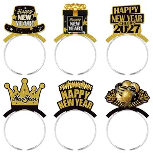 Frohes Neues Jahr 2026 Stirnbänder Partyhüte Glitzer Karton Folie Festlicher Jubel Fotorequisiten Schwarz Gold Feier