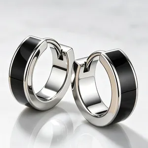 Stainless Steel Huggie Hoop Earrings For Women Men Minimalist Geometric Black Enamel Inlay Square Earrings Cool Jewelry