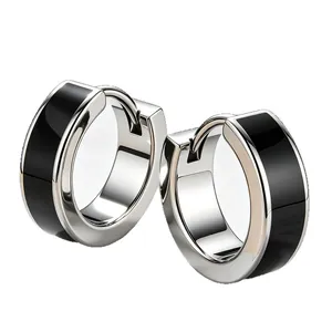 Minimalist black enamel stainless steel hoop earrings for men with polished finish