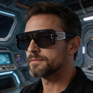 Close-up detail of steampunk oversized square sunglasses with clear side shields on a male model.