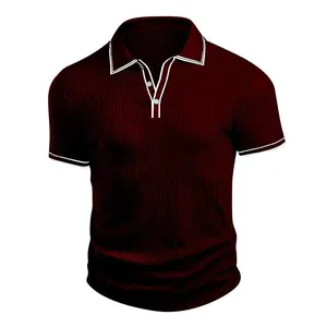 Men's stylish short-sleeved polo shirt featuring contrast white piping and a ribbed texture