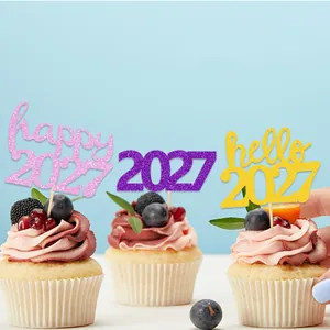 Décorations de gâteaux Happy 2027 pailletées rose, violet et or pour le Nouvel An