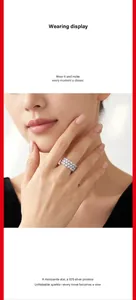 Model wearing a wide S925 sterling silver ring with rows of sparkling moissanite stones