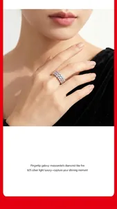 High-end S925 sterling silver moissanite ring shown as a close-up detail on a finger.
