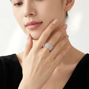 Luxury S925 sterling silver moissanite multi-row wide band ring for women on hand model