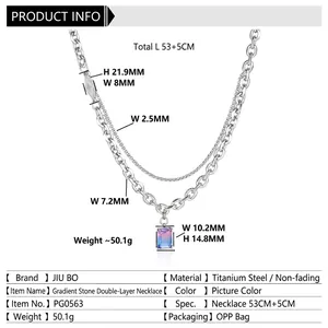 Double-layer titanium steel necklace with gradient purple gemstone pendant and adjustable chain