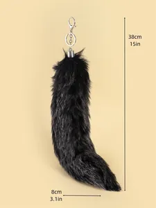 Large black fox tail keychain showing size dimensions of 38cm length and 8cm width