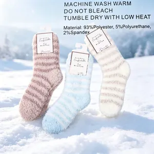 Damen Schlaf Socken Korallenfleece Verdickt Warm Gestreift Plüsch Innenbereich Winter Strumpfwaren Weich Thermal