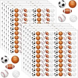 Detail view of waterproof sports ball stickers including soccer, basketball and rugby
