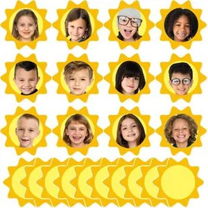Grid display of sun-shaped DIY photo stickers with children's portraits for crafts