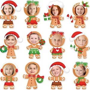 Detailed view of DIY Christmas gingerbread man stickers with personalized photo inserts
