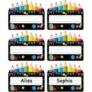 Detail view of pencil-themed waterproof name labels for school supply organization