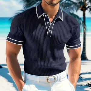 Men Short Sleeve Polo Shirt Ribbed Knit Vertical Stripe Contrast Trim Lapel Breathable Slim Fit Casual Summer Sport Top