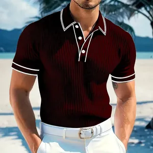Burgundy ribbed short-sleeved polo shirt for men with white piping, beach background