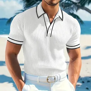 Men's stylish white short-sleeved ribbed polo shirt with black trim collar on beach background
