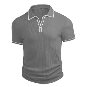 Men's grey ribbed short-sleeve polo shirt with white collar trim and knit texture.