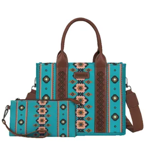 Bohemian ethnic style turquoise tote bag and pouch set with geometric patterns.