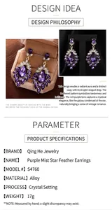 Detail view showing vintage purple rhinestone chandelier earrings with teardrop design.