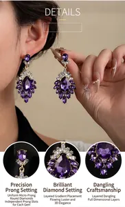 Detailed view of sparkling purple teardrop earrings with multi-layered crystal inlay.