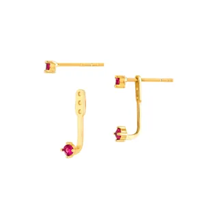 Minimalist gold plated stud earrings with red ruby birthstone and adjustable ear jacket