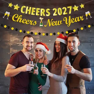Glittery gold Cheers 2027 New Year banner set for festive home party decorations