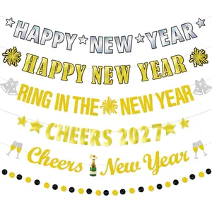 Happy New Year Banner Glitter Paper Sparkly Garland Holiday Decoration For Party Celebration Event Hanging Ornament