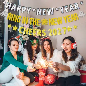 Glitter gold and holographic silver Happy New Year party decoration banner set