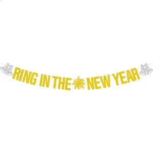 Sparkling gold glitter 'RING IN THE NEW YEAR' festive banner with silver bells for parties