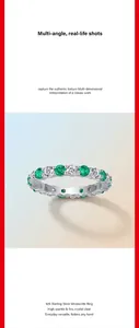 Macro detail of 925 sterling silver ring with alternating green and white moissanite