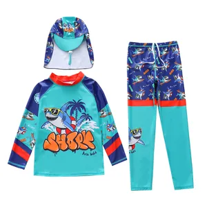 Ensemble de bain 3 pièces pour garçons avec haut à manches longues et chapeau de requin