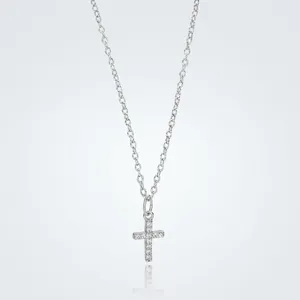 Detailed macro view of S925 sterling silver cross necklace with sparkling zircon stones