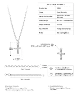 S925 sterling silver cross necklace with cubic zirconia, showing detailed product dimensions